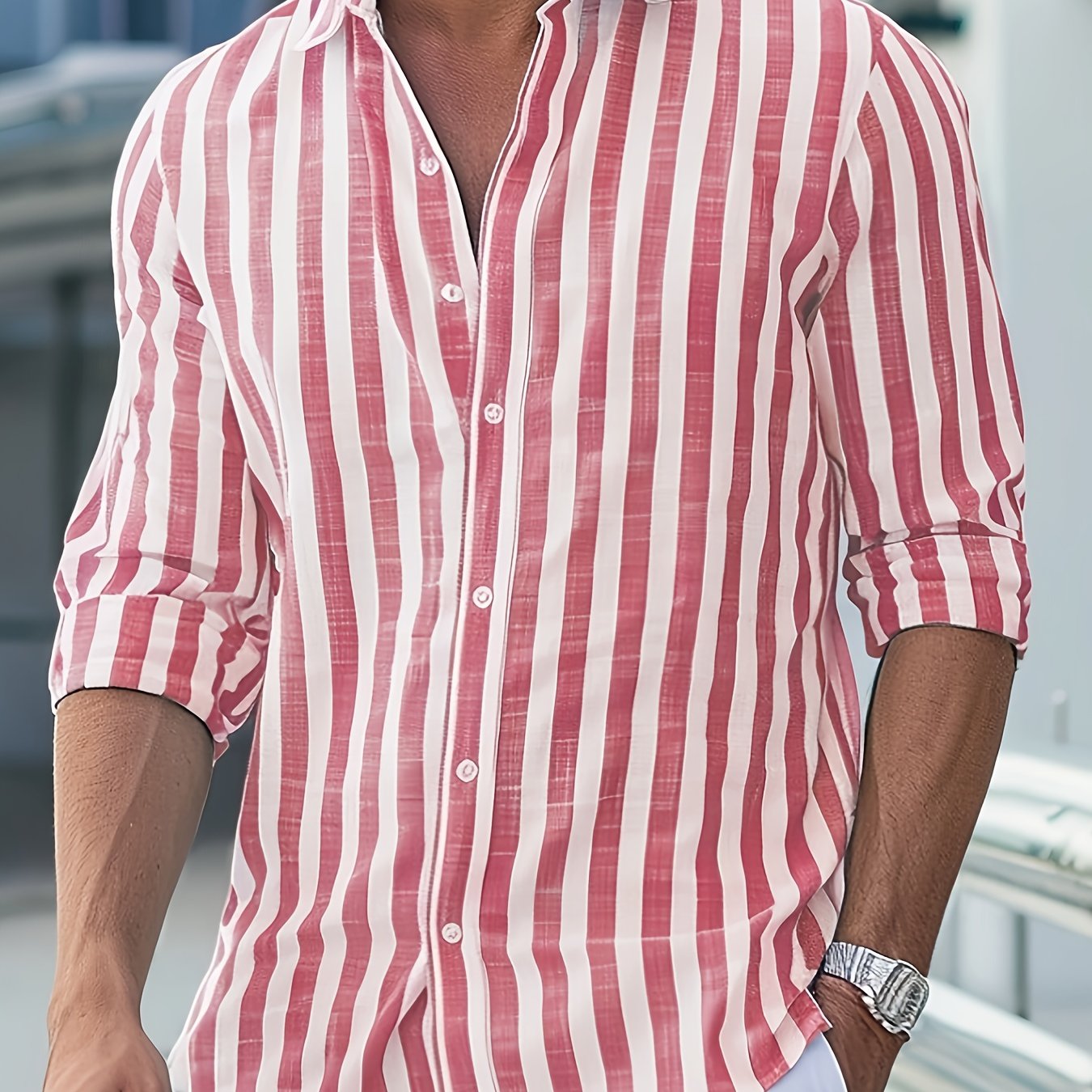Camisa de Linho Masculina Listrada Vermelha