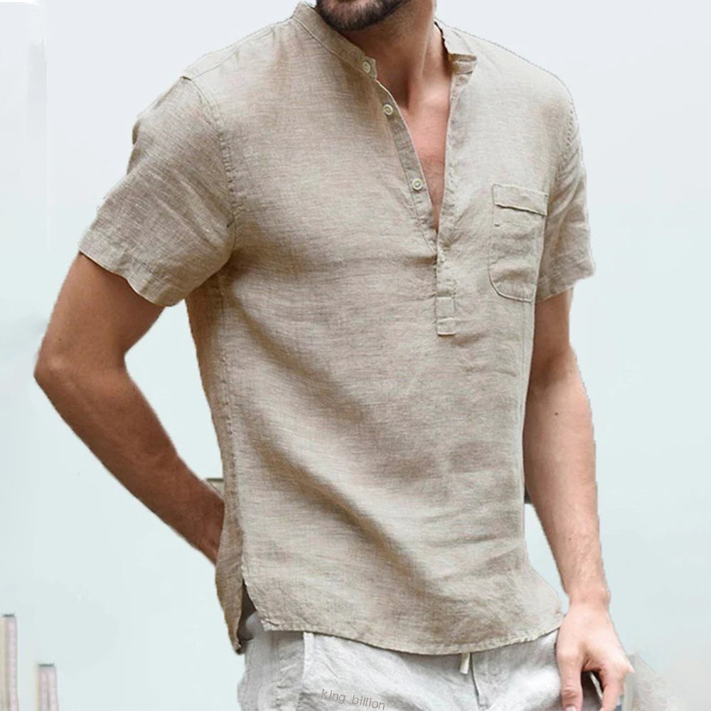 Camisa de Linho Masculina Manga Curta de cor Caqui