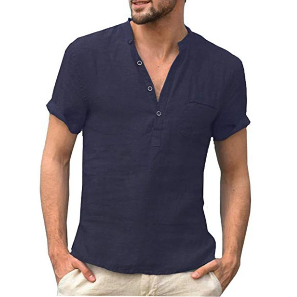 Camisa de Linho Masculina Manga Curta Azul-marinho