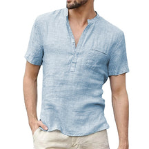 Camisa de Linho Masculina Manga Curta Azul Claro