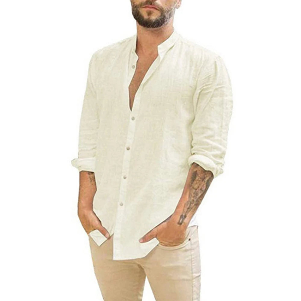 Camisa de linho masculina Cáqui